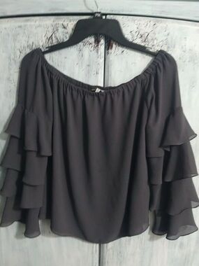 Naked Zebra Ruffled Off The Shoulder Top Small Gray Boho Y2K Feminine Cottage...
